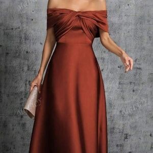 One Shoulder Ruched Satin Long Dress With Ribbons Burnt Orange
